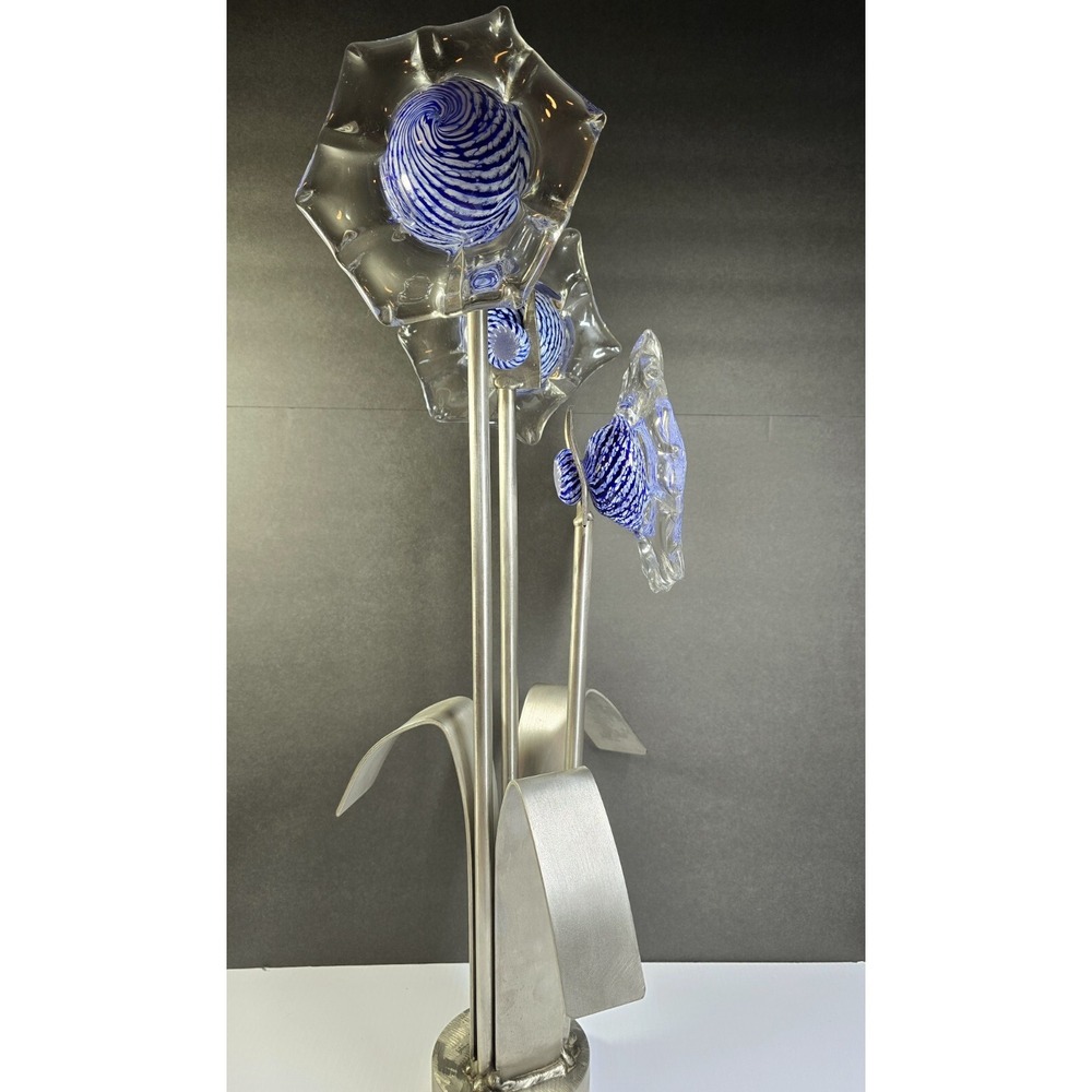 Unbranded Art Glass Flower Sculpture Home Decor  Blue Excellent Metal Base